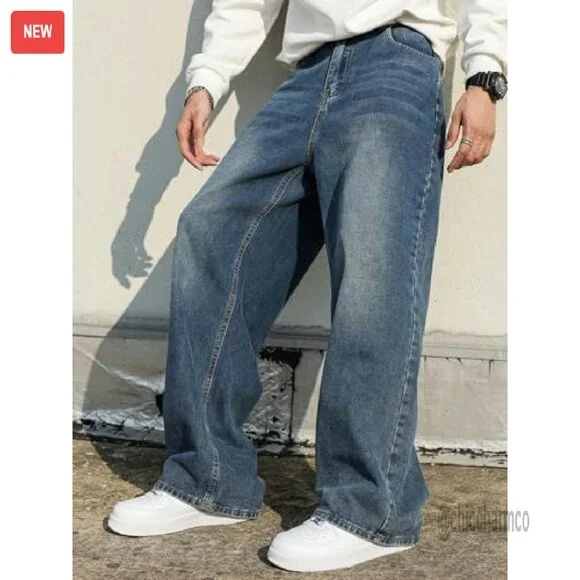 Men's Baggy Hip Hop Jeans Wide Leg Skater Denim Pants Loose Fit